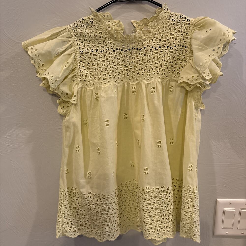 Ulla Johnson Yellow Eyelet Ruffle Baby Doll Cotton Sleeveless Blouse Size 0